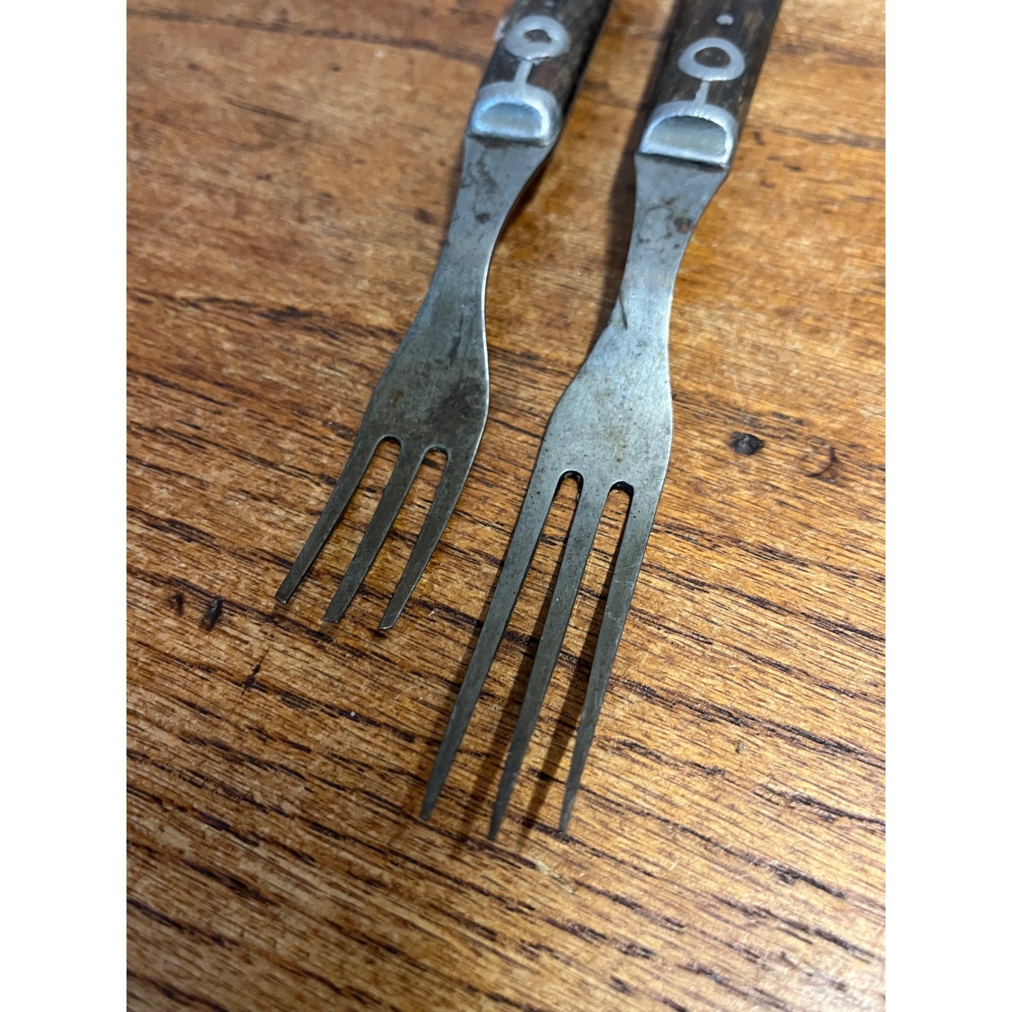 2 Antique Civil War Era 3-Prong Fork Pewter Full Tang Wood Handle Granny Forks