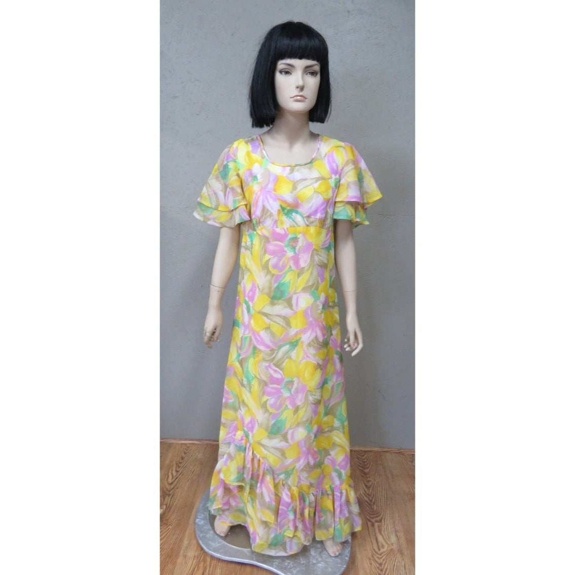 Vintage Floral Boho Maxi Dress Empire Waster Ruffled Sleeve Spring Yellow Pink