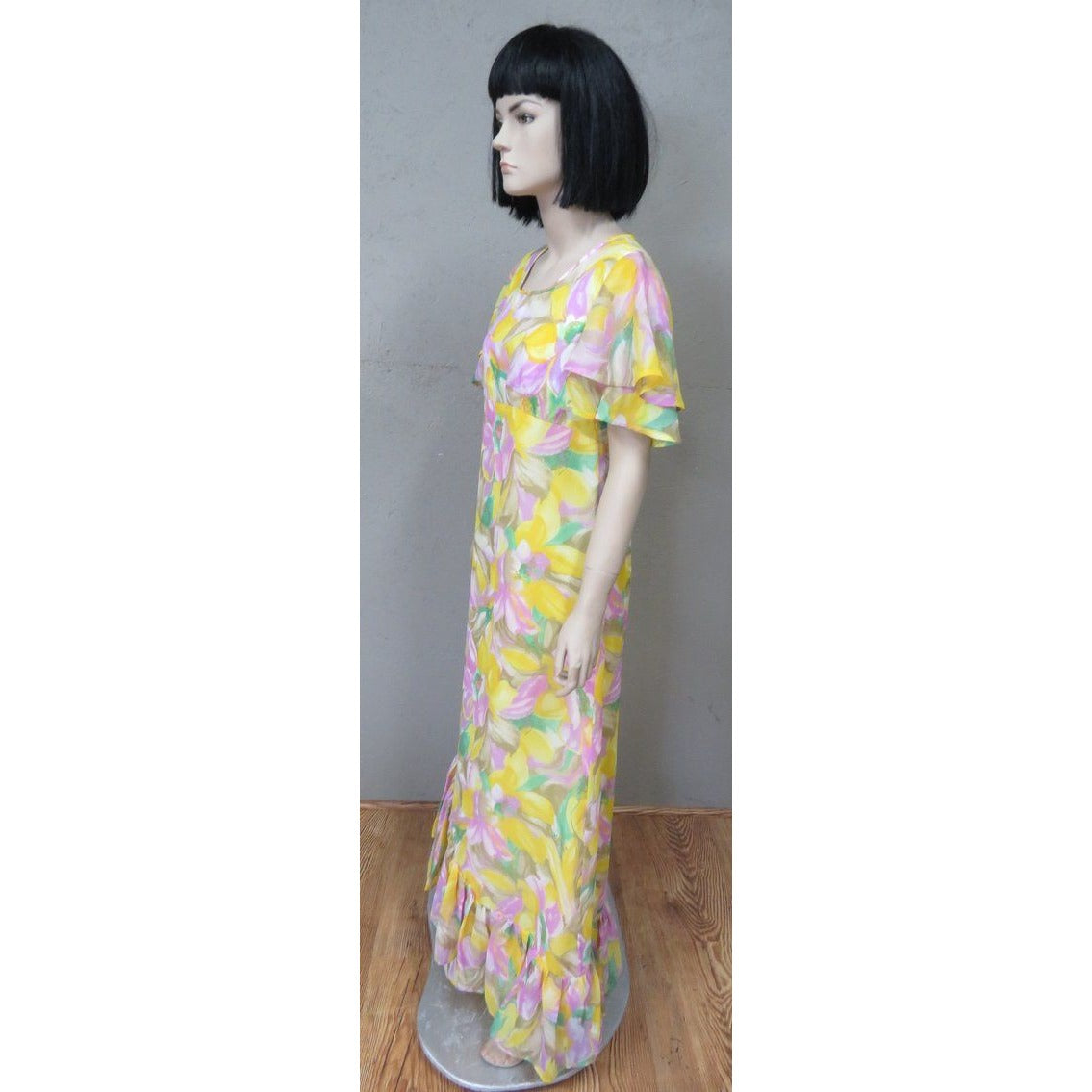 Vintage Floral Boho Maxi Dress Empire Waster Ruffled Sleeve Spring Yellow Pink
