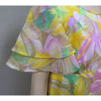 Vintage Floral Boho Maxi Dress Empire Waster Ruffled Sleeve Spring Yellow Pink