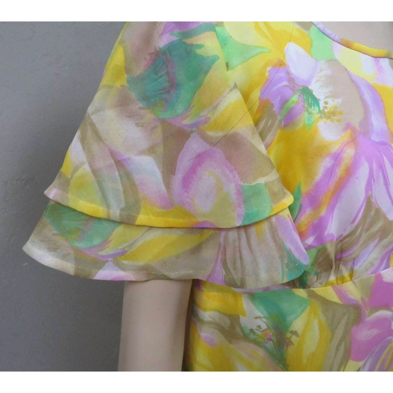 Vintage Floral Boho Maxi Dress Empire Waster Ruffled Sleeve Spring Yellow Pink