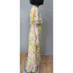 Vintage Floral Boho Maxi Dress Empire Waster Ruffled Sleeve Spring Yellow Pink