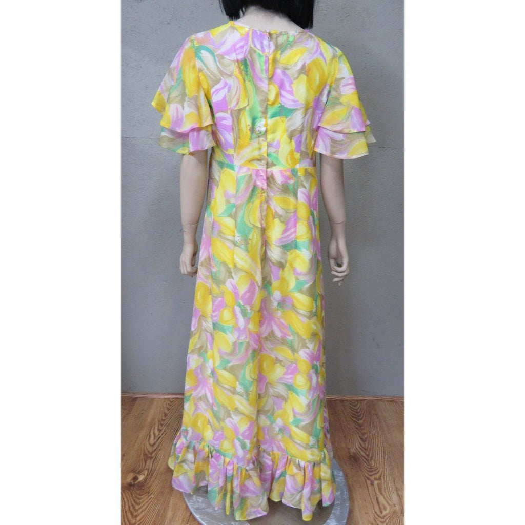 Vintage Floral Boho Maxi Dress Empire Waster Ruffled Sleeve Spring Yellow Pink