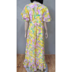 Vintage Floral Boho Maxi Dress Empire Waster Ruffled Sleeve Spring Yellow Pink