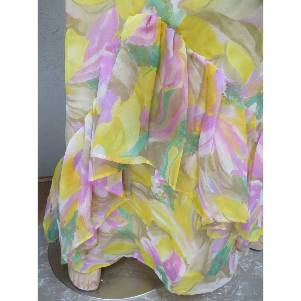 Vintage Floral Boho Maxi Dress Empire Waster Ruffled Sleeve Spring Yellow Pink