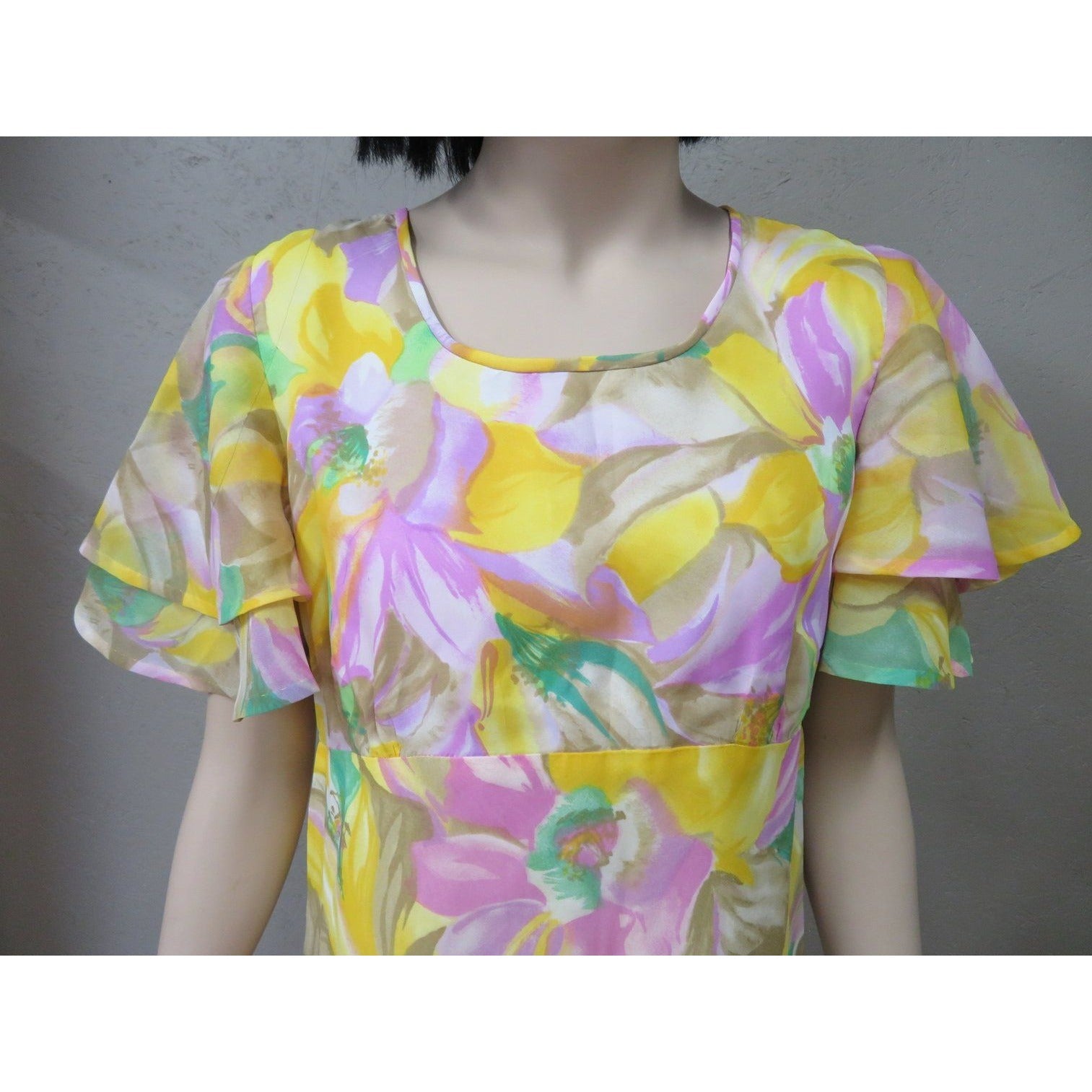 Vintage Floral Boho Maxi Dress Empire Waster Ruffled Sleeve Spring Yellow Pink
