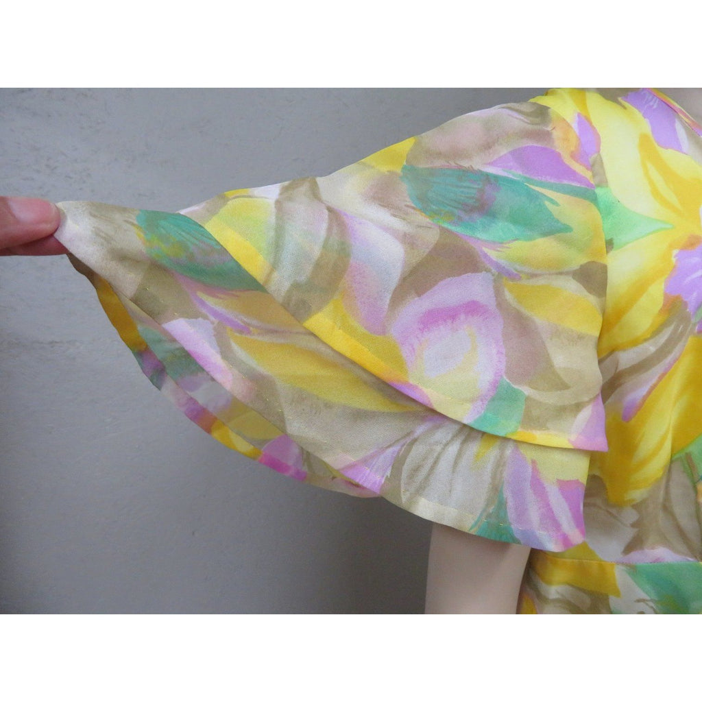 Vintage Floral Boho Maxi Dress Empire Waster Ruffled Sleeve Spring Yellow Pink