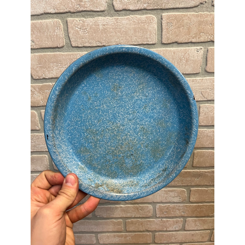 Antique Primitive Light Blue and White Swirl Enamel Graniteware Round Pie Pan/ Baking Dish/ Farmhouse Decor
