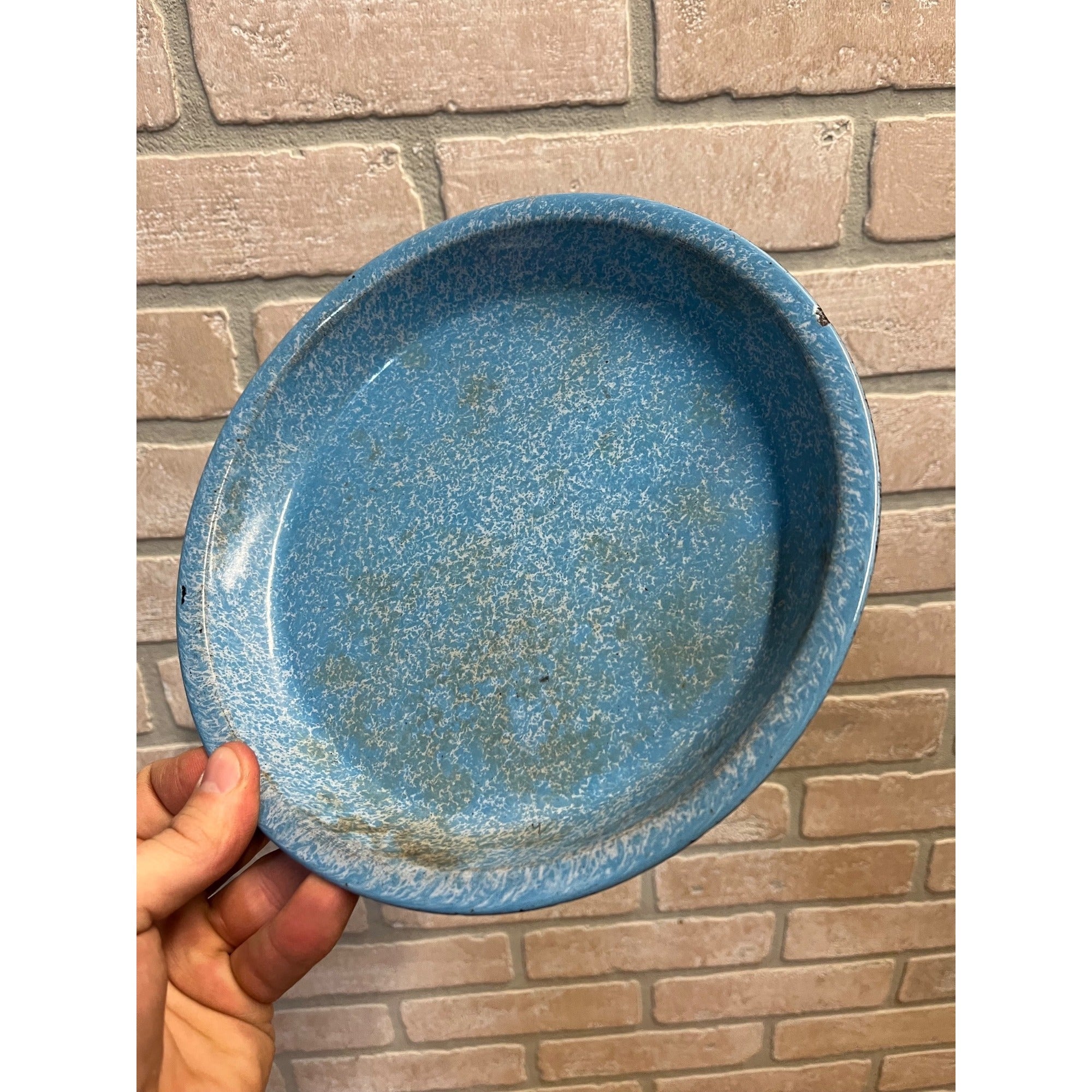 Antique Primitive Light Blue and White Swirl Enamel Graniteware Round Pie Pan/ Baking Dish/ Farmhouse Decor