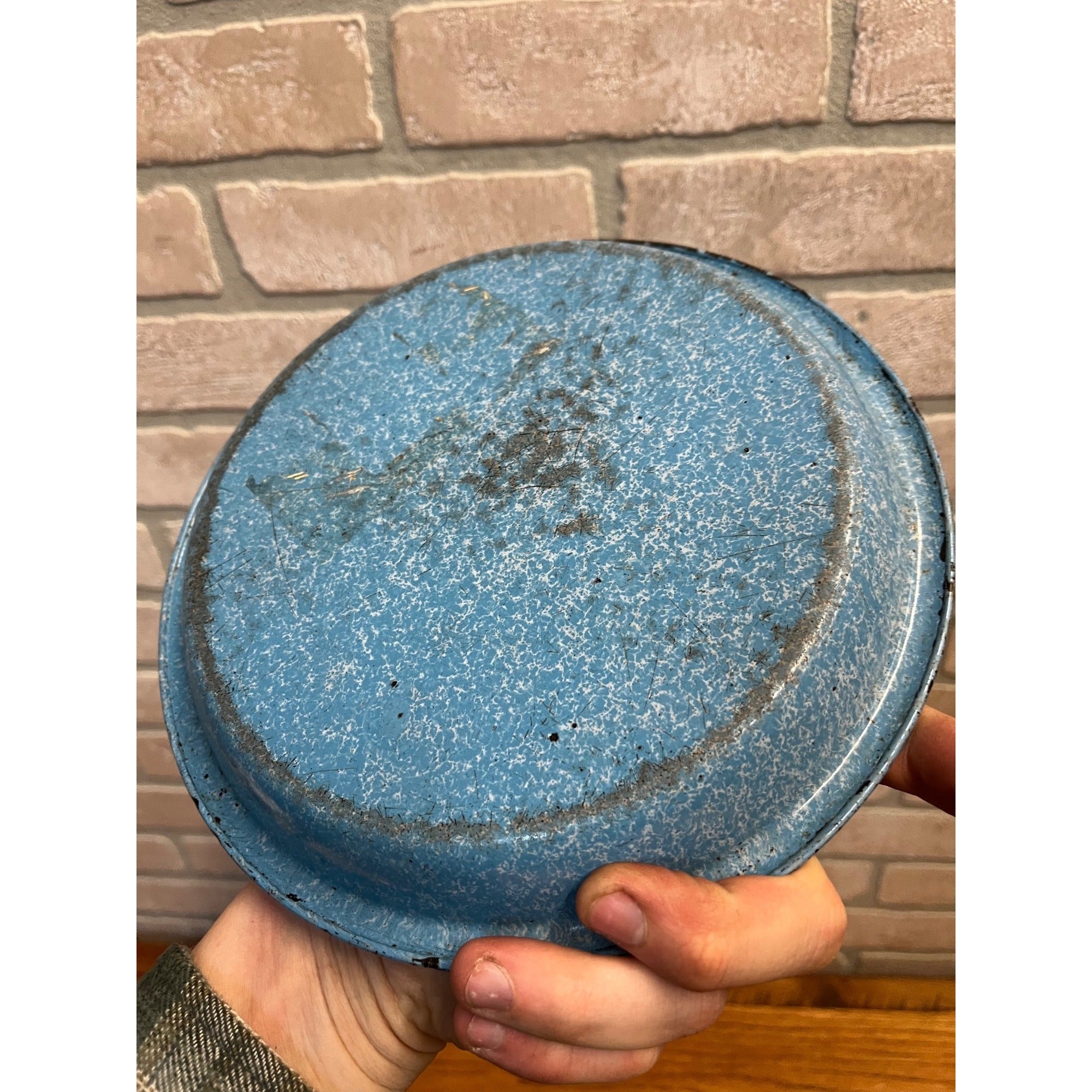 Antique Primitive Light Blue and White Swirl Enamel Graniteware Round Pie Pan/ Baking Dish/ Farmhouse Decor