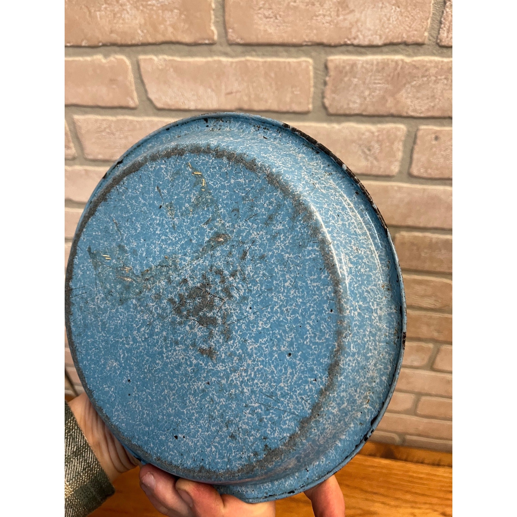 Antique Primitive Light Blue and White Swirl Enamel Graniteware Round Pie Pan/ Baking Dish/ Farmhouse Decor