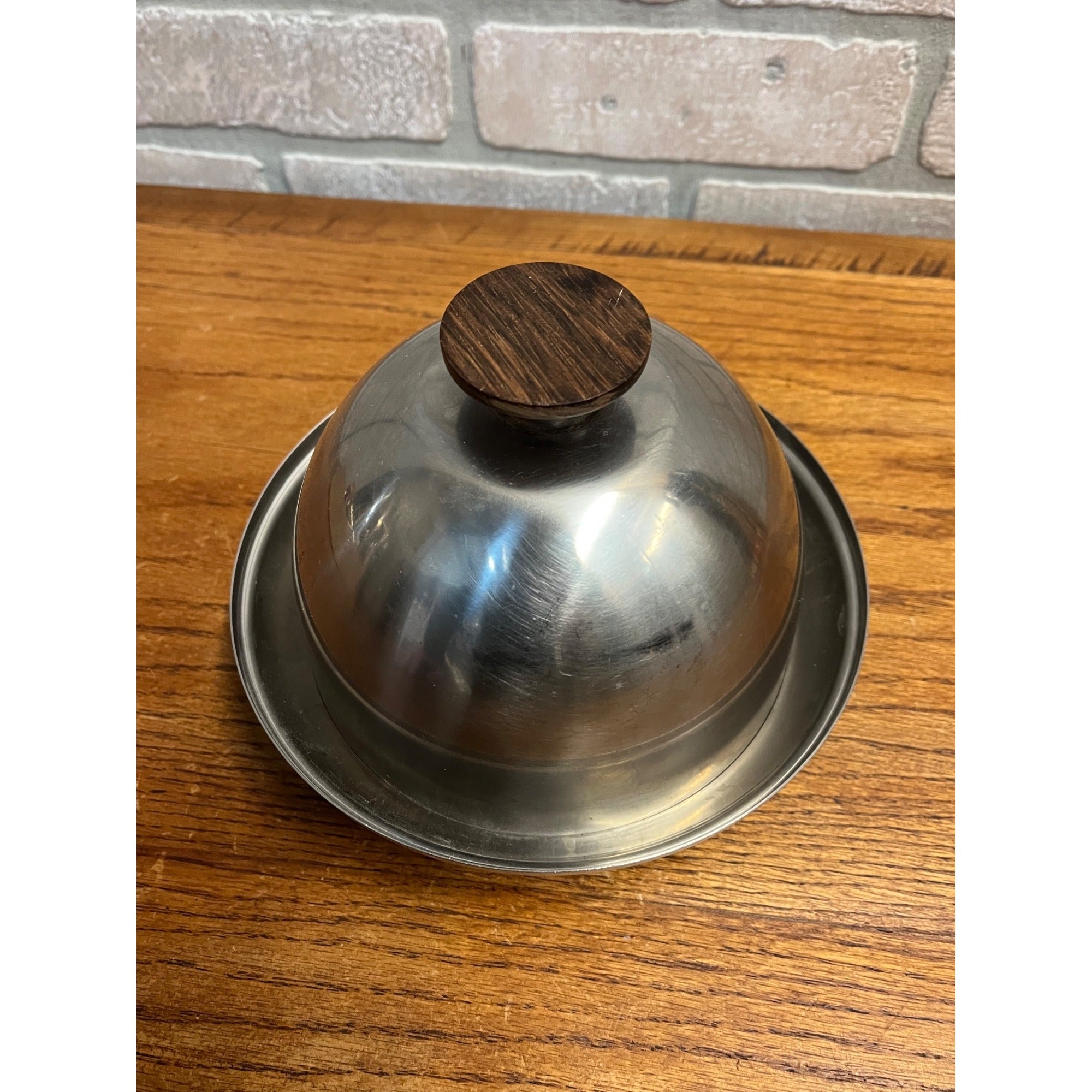 Vintage 1960s Stainless Teak Wood Dome Lid Serving Tray MCM Danish Preferred 18/8