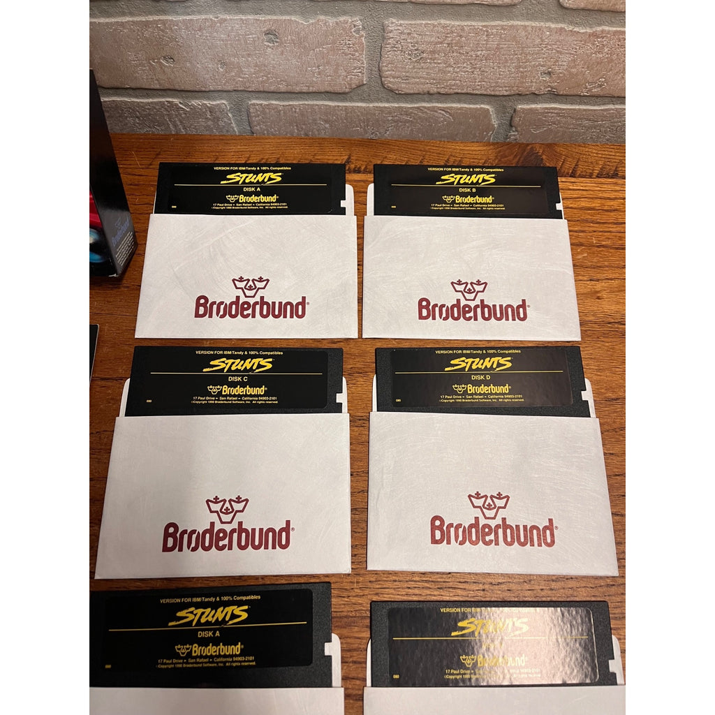 Stunts PC DOS Big Box 1990 Broderbund CIB 3.5 & 5.25 Floppy Disks Complete
