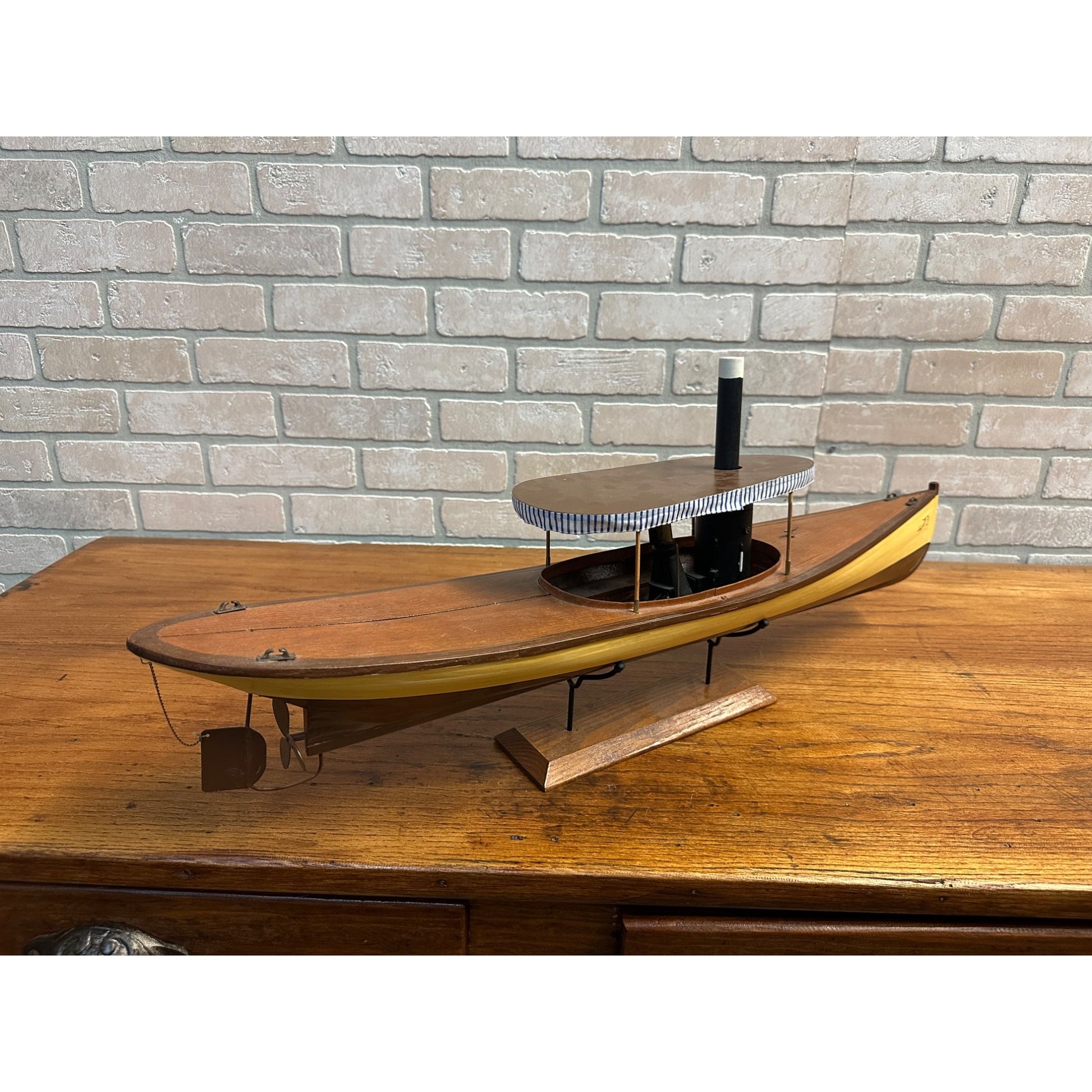 Vintage Wisconsin Mississippi River Wooden Boat Model Wood Ship w/ Stand