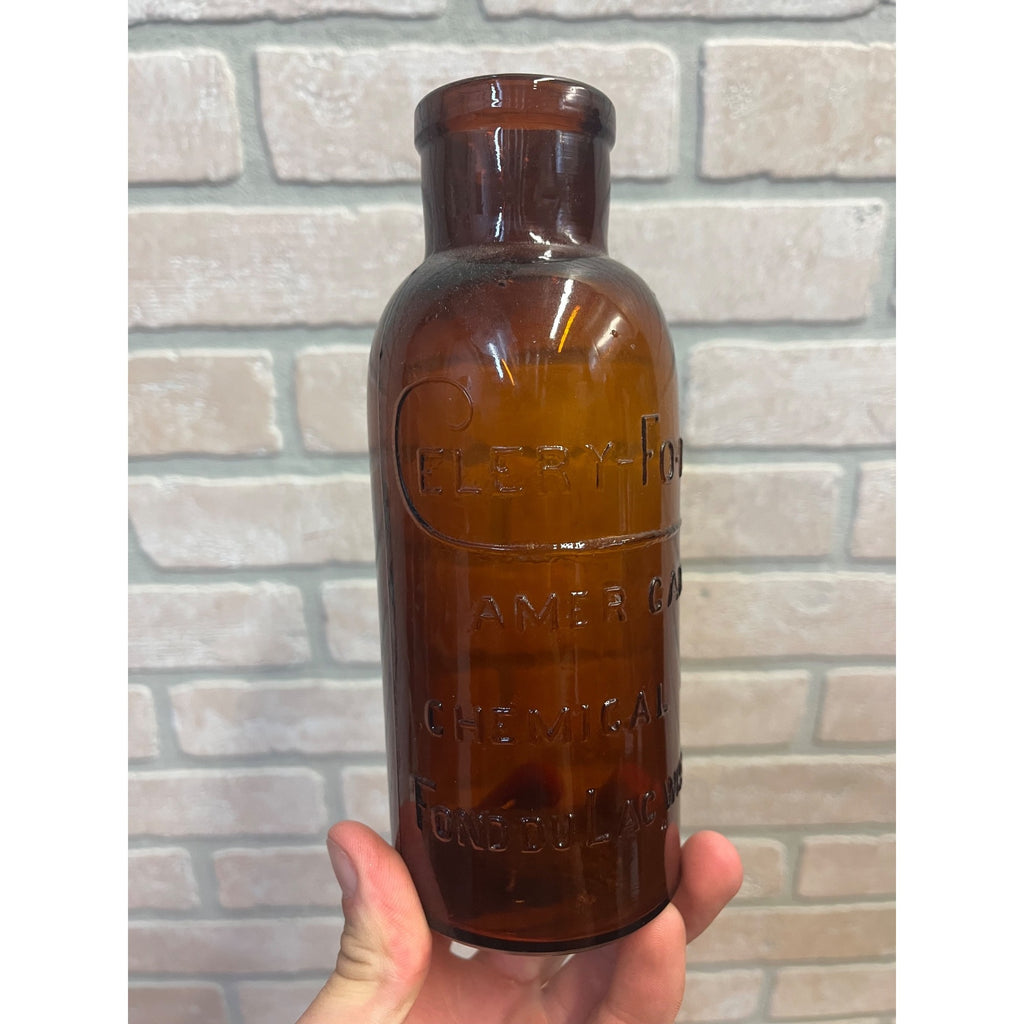 Antique 1900s Amber Bottle Celery-Fo-Mo Fond du Lac WI American Chem Co Druggist