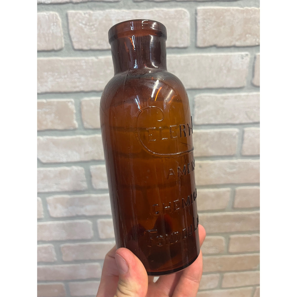 Antique 1900s Amber Bottle Celery-Fo-Mo Fond du Lac WI American Chem Co Druggist