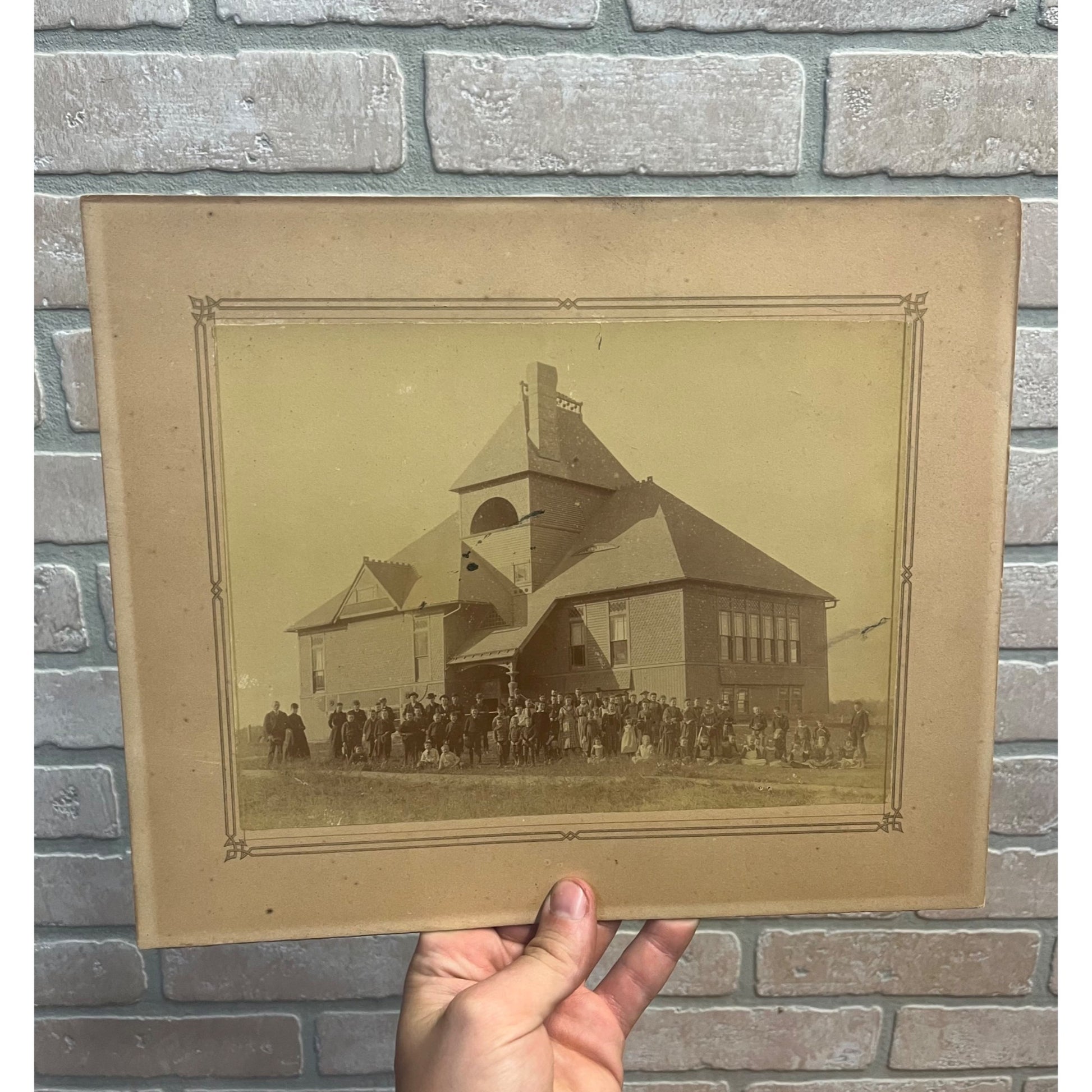 Antique Schoolhouse Building w/ Children Elementary or High School - Wisconsin? Photograph