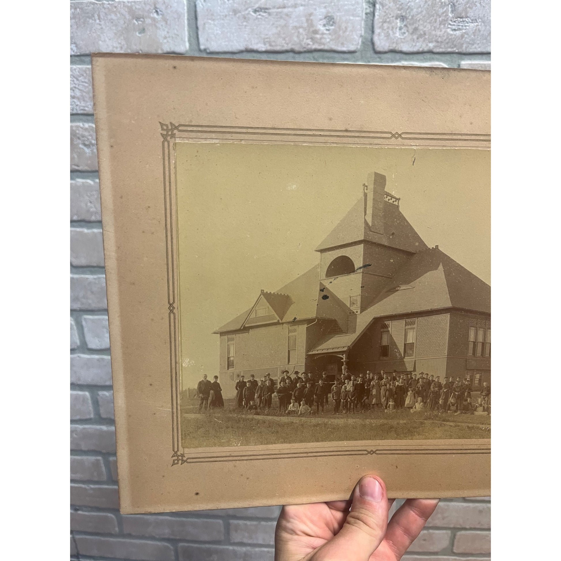 Antique Schoolhouse Building w/ Children Elementary or High School - Wisconsin? Photograph
