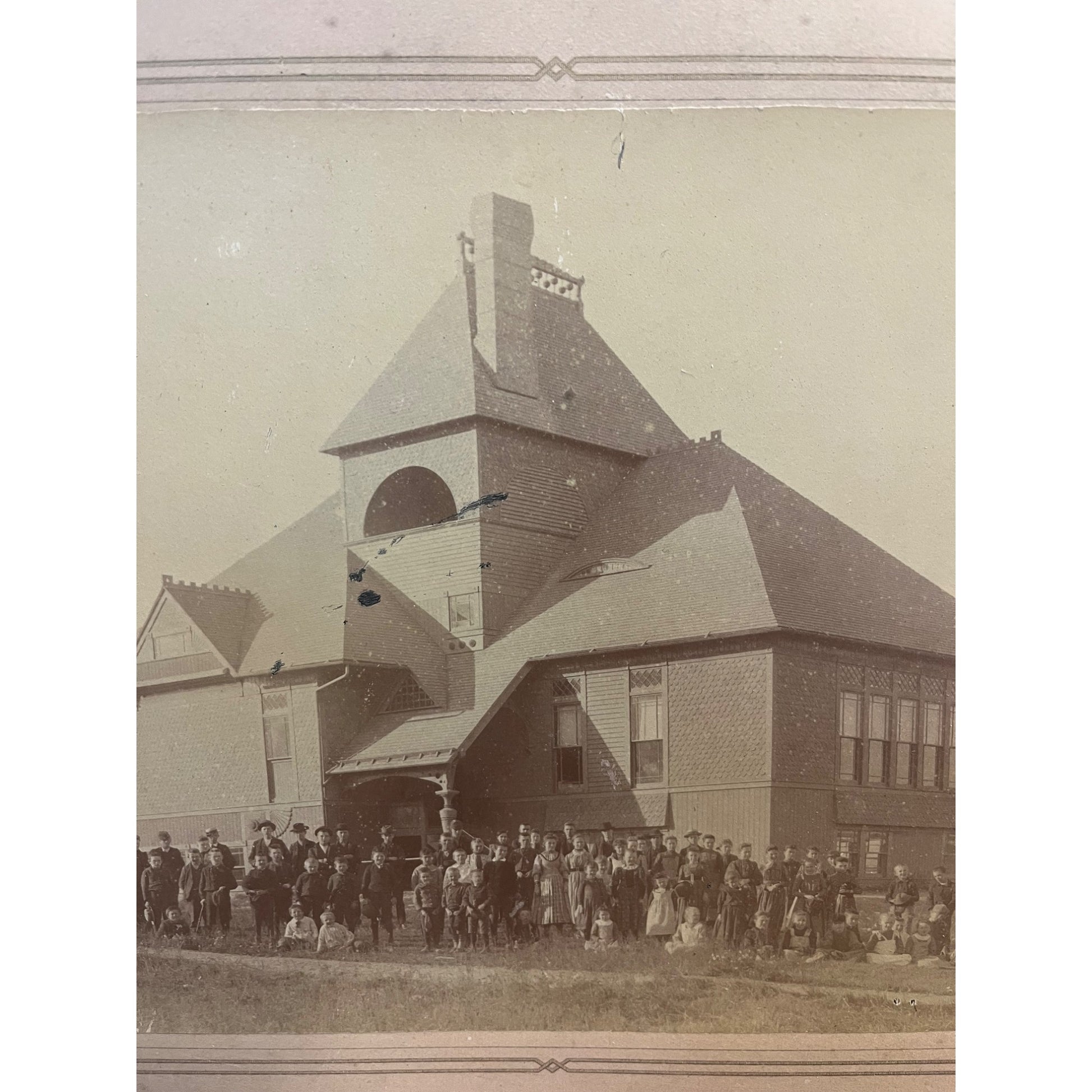 Antique Schoolhouse Building w/ Children Elementary or High School - Wisconsin? Photograph