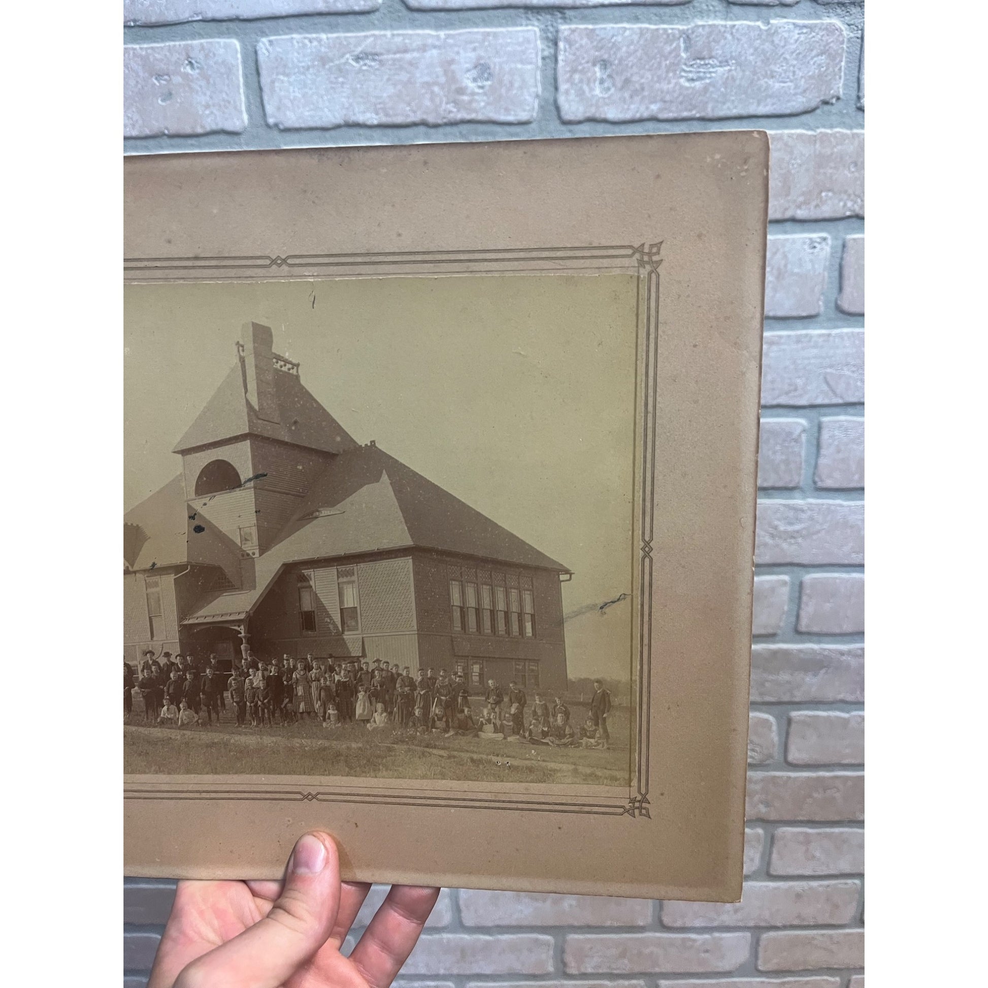 Antique Schoolhouse Building w/ Children Elementary or High School - Wisconsin? Photograph