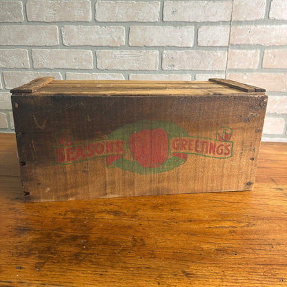 Vintage Christmas Seasons Greetings Wooden Fruit Crate w/ Label As-Is