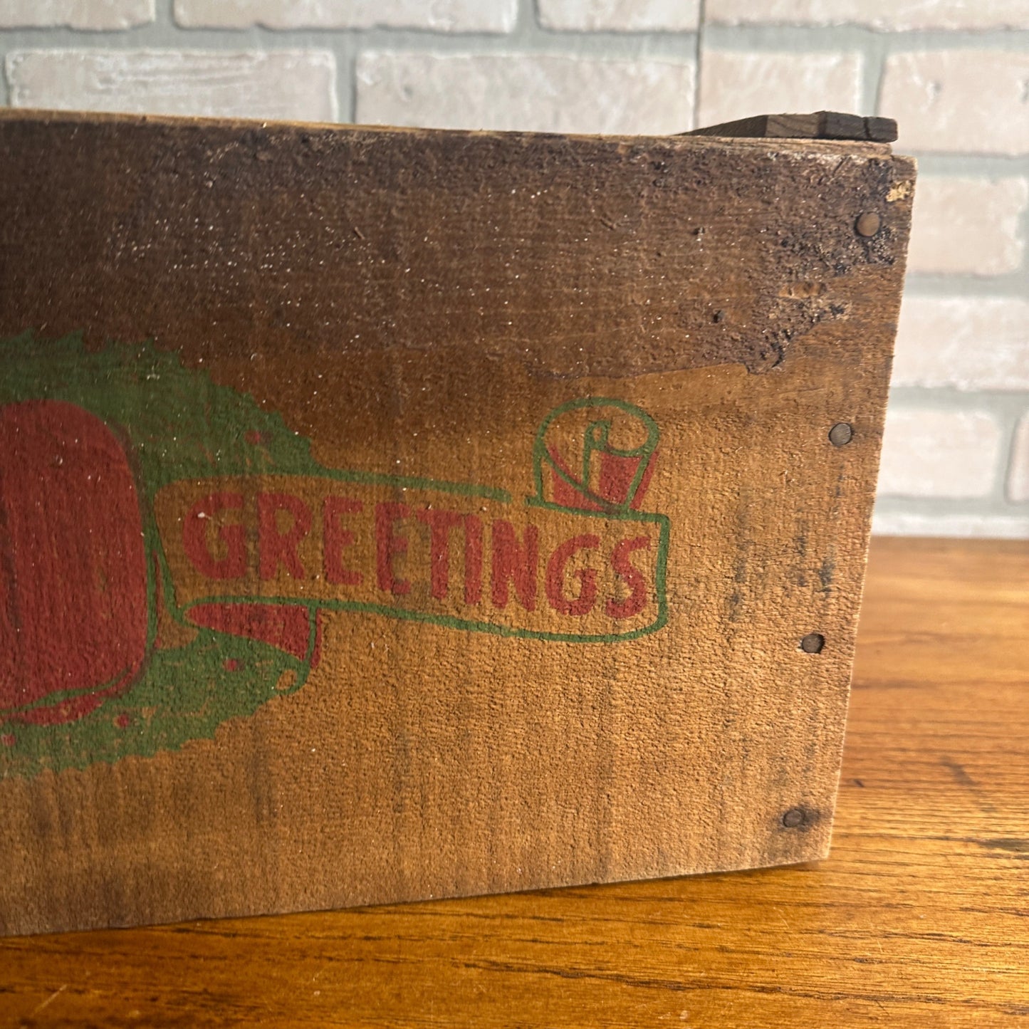 Vintage Christmas Seasons Greetings Wooden Fruit Crate w/ Label As-Is