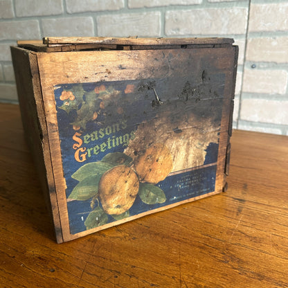 Vintage Christmas Seasons Greetings Wooden Fruit Crate w/ Label As-Is