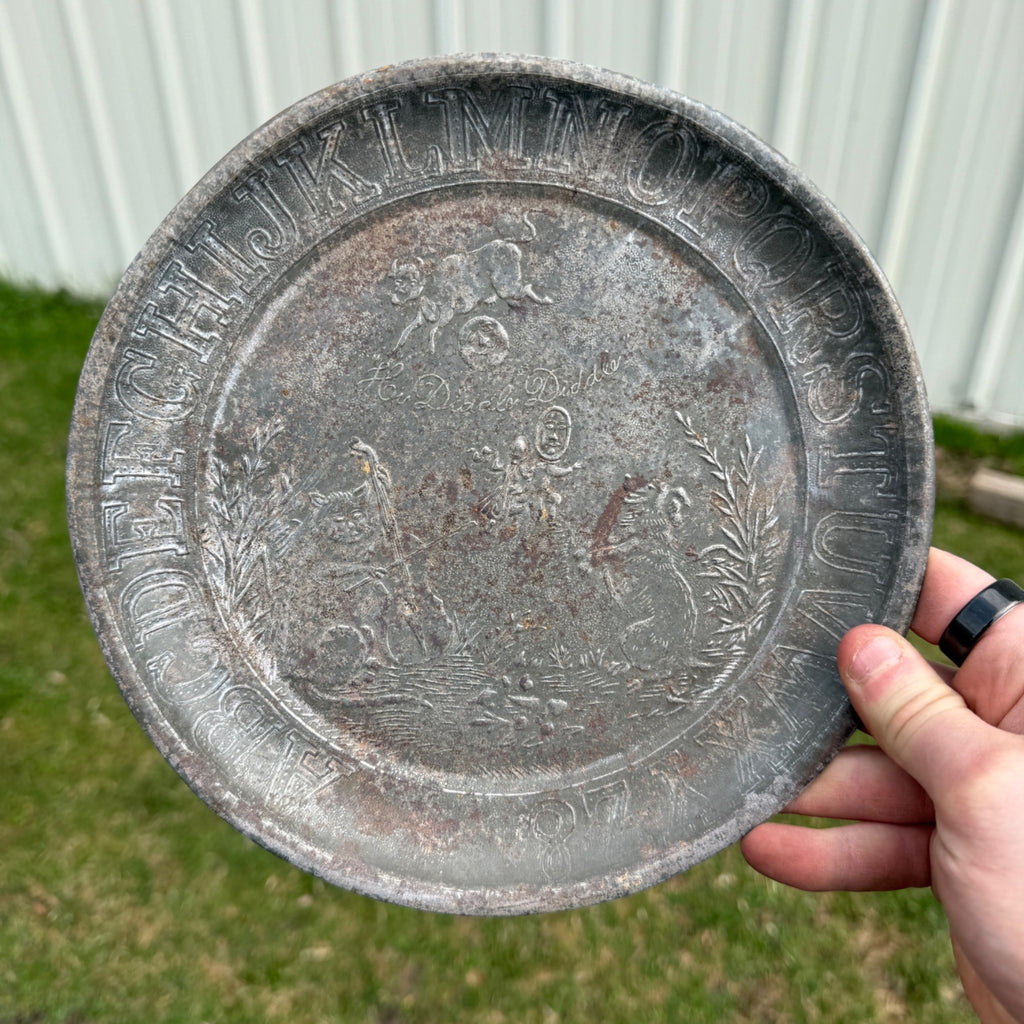 Antique 19th c. Primitive Tin Child Nursery Rhythm Plate Cat and the Fiddle 8.5"