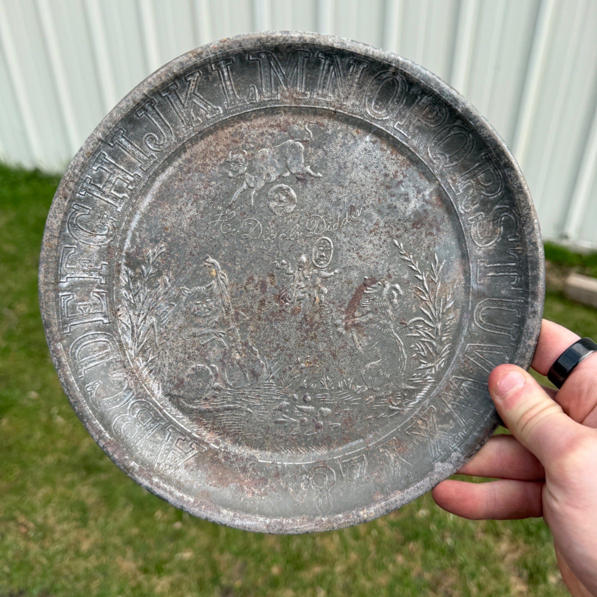 Antique 19th c. Primitive Tin Child Nursery Rhythm Plate Cat and the Fiddle 8.5"