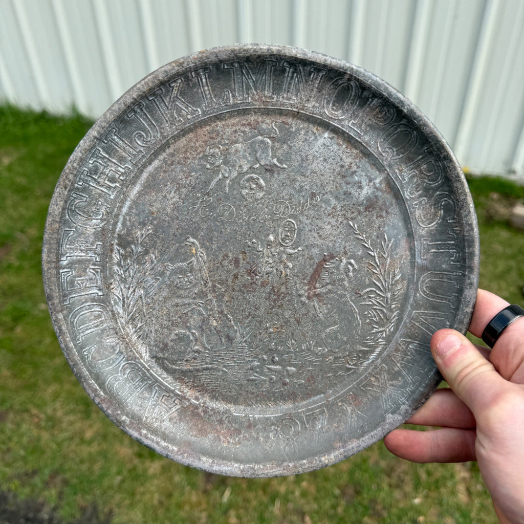 Antique 19th c. Primitive Tin Child Nursery Rhythm Plate Cat and the Fiddle 8.5"