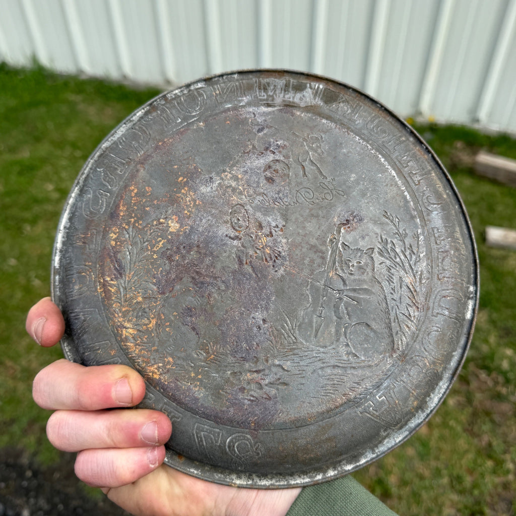 Antique 19th c. Primitive Tin Child Nursery Rhythm Plate Cat and the Fiddle 8.5"
