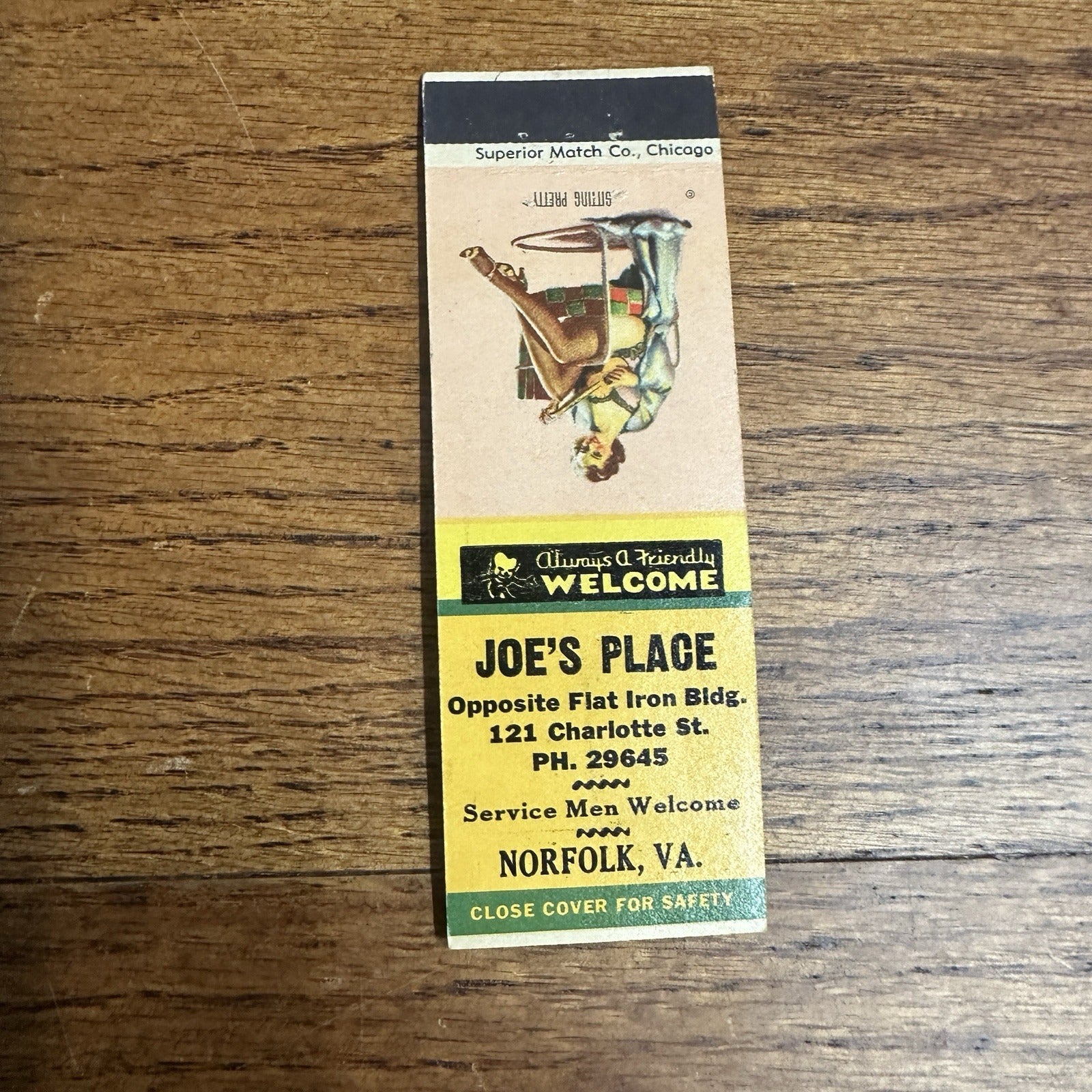 1940s 1950s Pinup Girl Girlie Matchbook Cover Norfolk VA Joes Place
