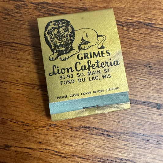 Grimes Lions Cafe Cafeteria Fond du Lac Wis Advertising Matchbook