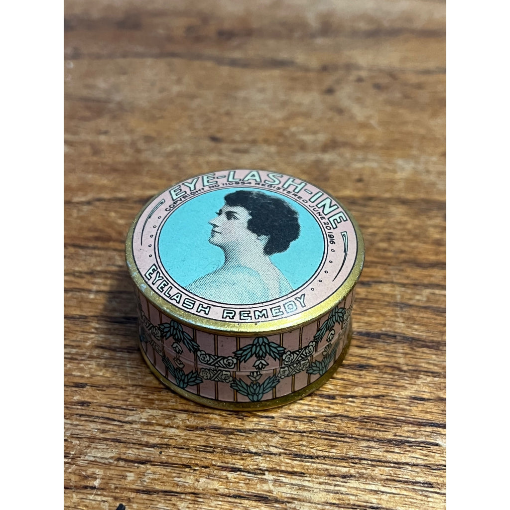 Vintage Eye Lash Ine Tin 1916 Eyelashine Remedy Advertising Round Small Victorian Girl