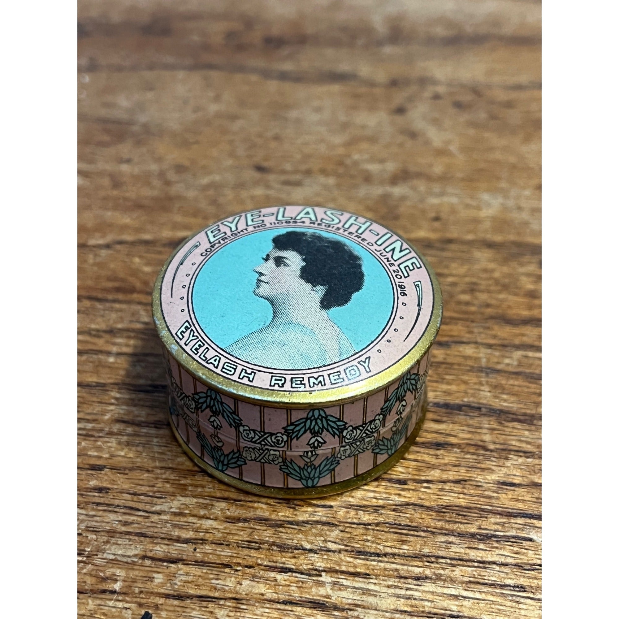 Vintage Eye Lash Ine Tin 1916 Eyelashine Remedy Advertising Round Small Victorian Girl
