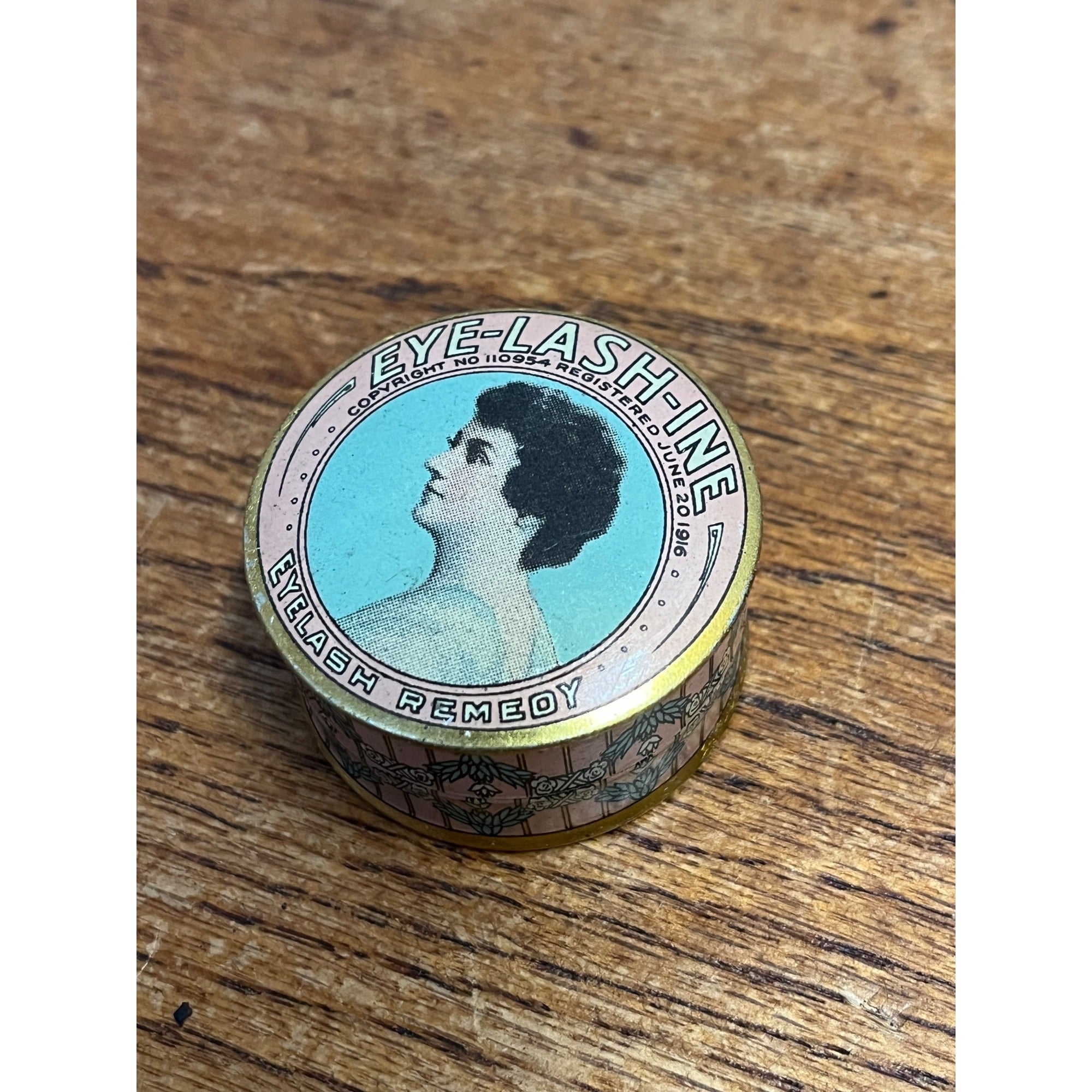 Vintage Eye Lash Ine Tin 1916 Eyelashine Remedy Advertising Round Small Victorian Girl