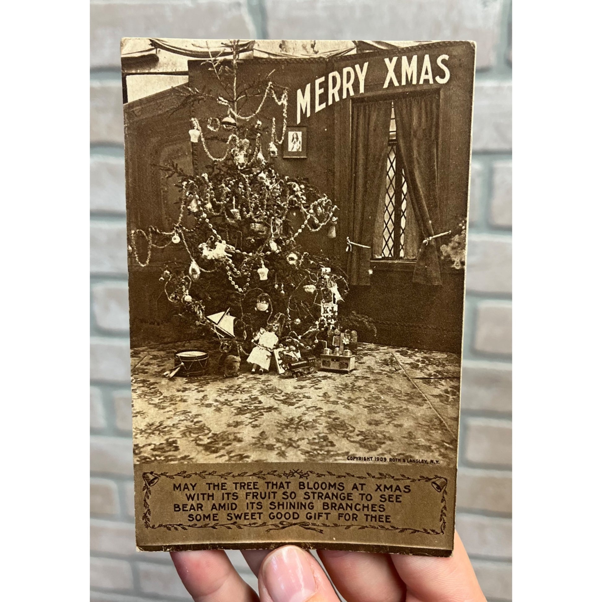 Vintage Victorian Christmas Tree Window Roth Langley 1909 Sepia Postcard