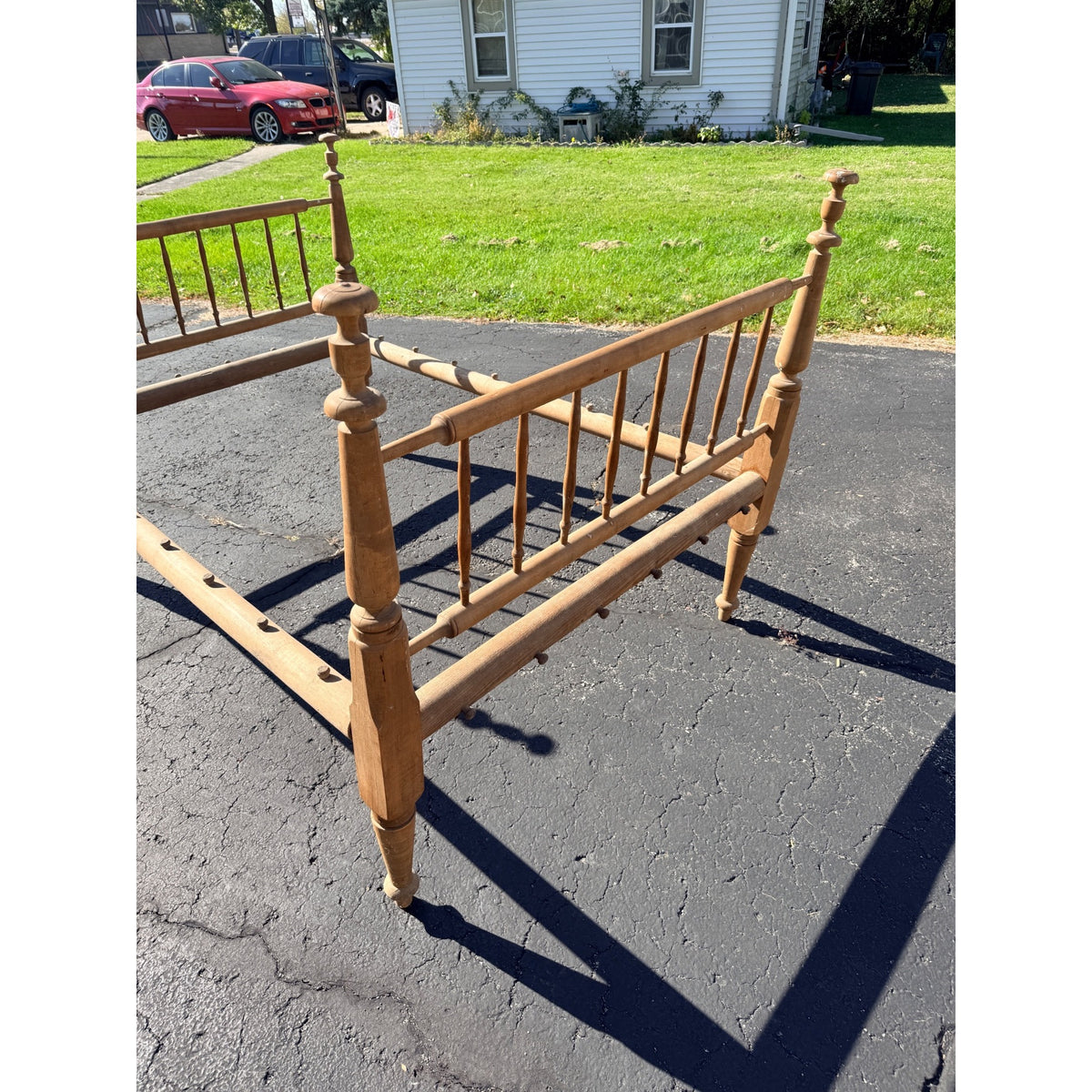Antique 19th Century Primitive Maple Wood Spindle Rope Bed 3/4 Size