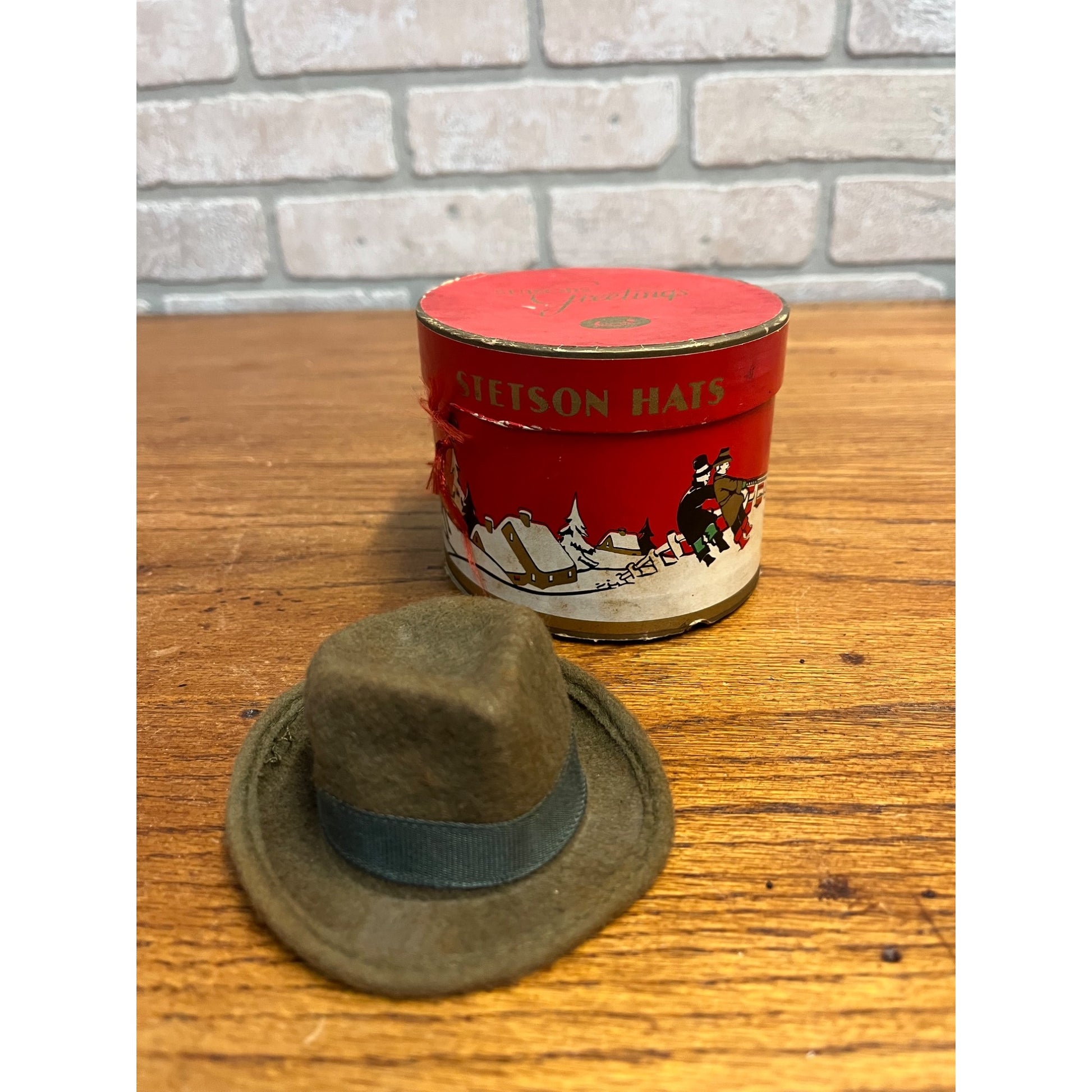 Antique Stetson Miniature Salesman Sample Hat + Christmas Scene Box