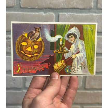 Winsch Embossed Halloween Postcard Owl Jack O Lantern Pumpkin Broom 116 Series