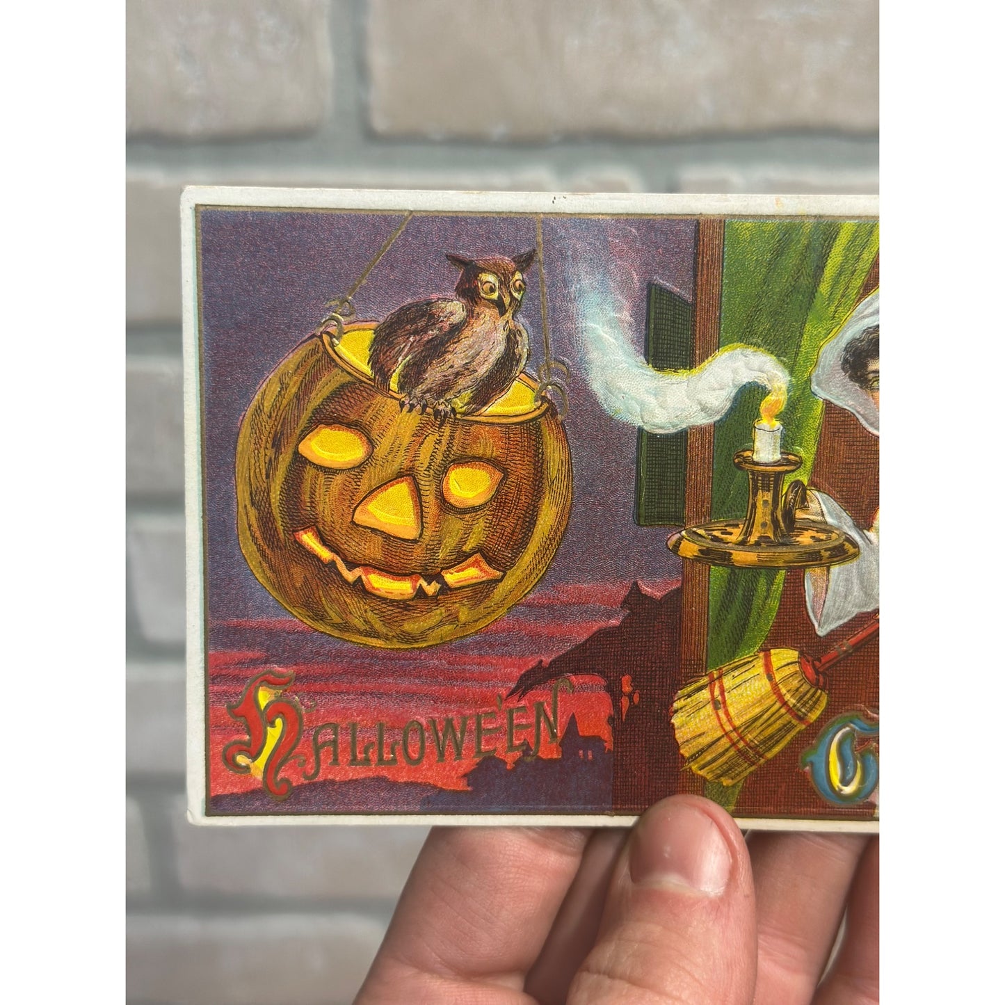 Winsch Embossed Halloween Postcard Owl Jack O Lantern Pumpkin Broom 116 Series