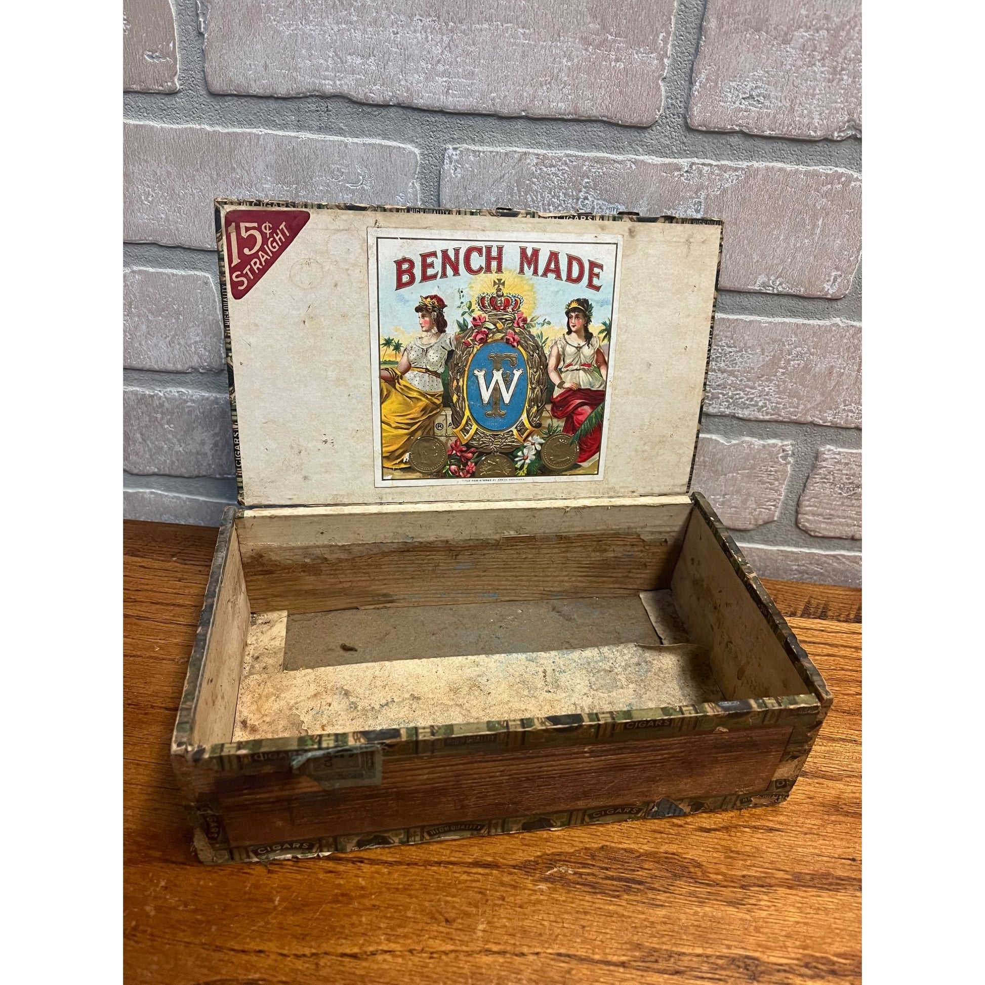 Vintage Bench Made Cigar Wooden Box Advertising Frank Weninger Illinois Chicago