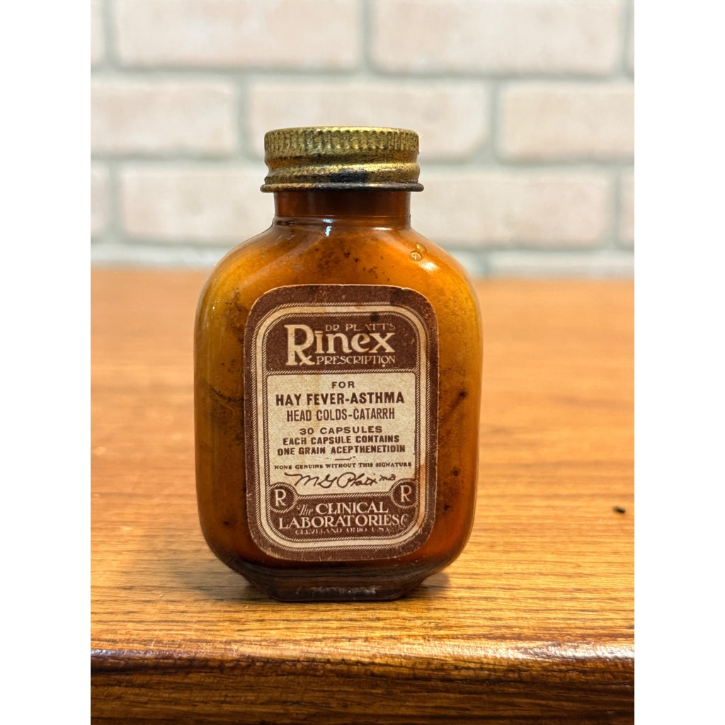 Vintage Dr Platt's Rinex for Hay Fever Asthma Amber Medicine Bottle