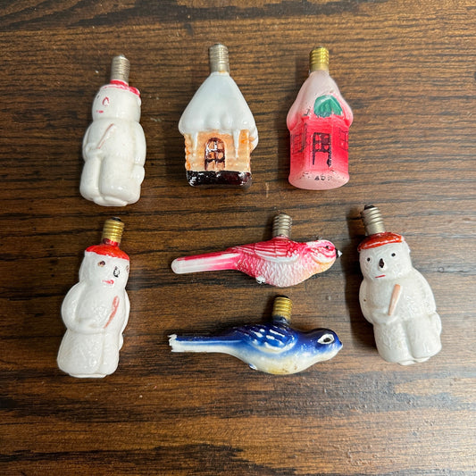 Vintage Lot Christmas Xmas Figural Light Bulbs Snowman House Birds Milk Glass