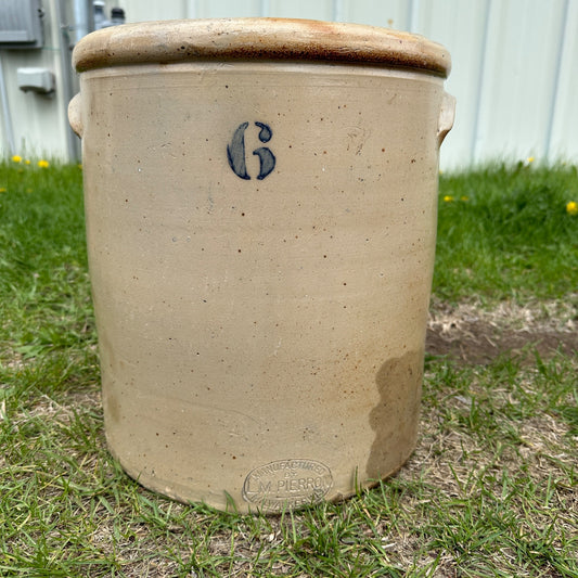 Antique 6 Gallon L.M. Pierron Milwaukee Stoneware Crock Salt Glaze