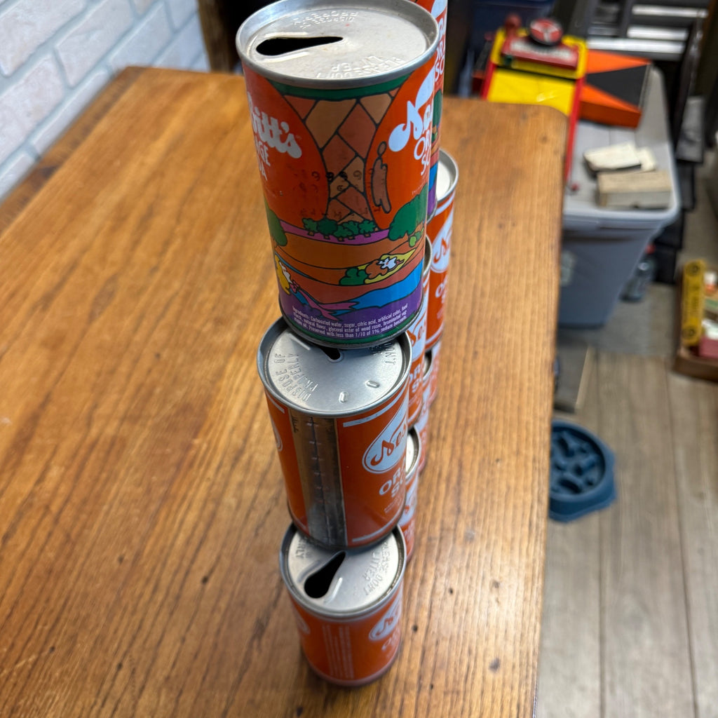 Vintage 1970s Nesbitts Orange Pull Tab Straight Soda Cans Huge Lot (9)