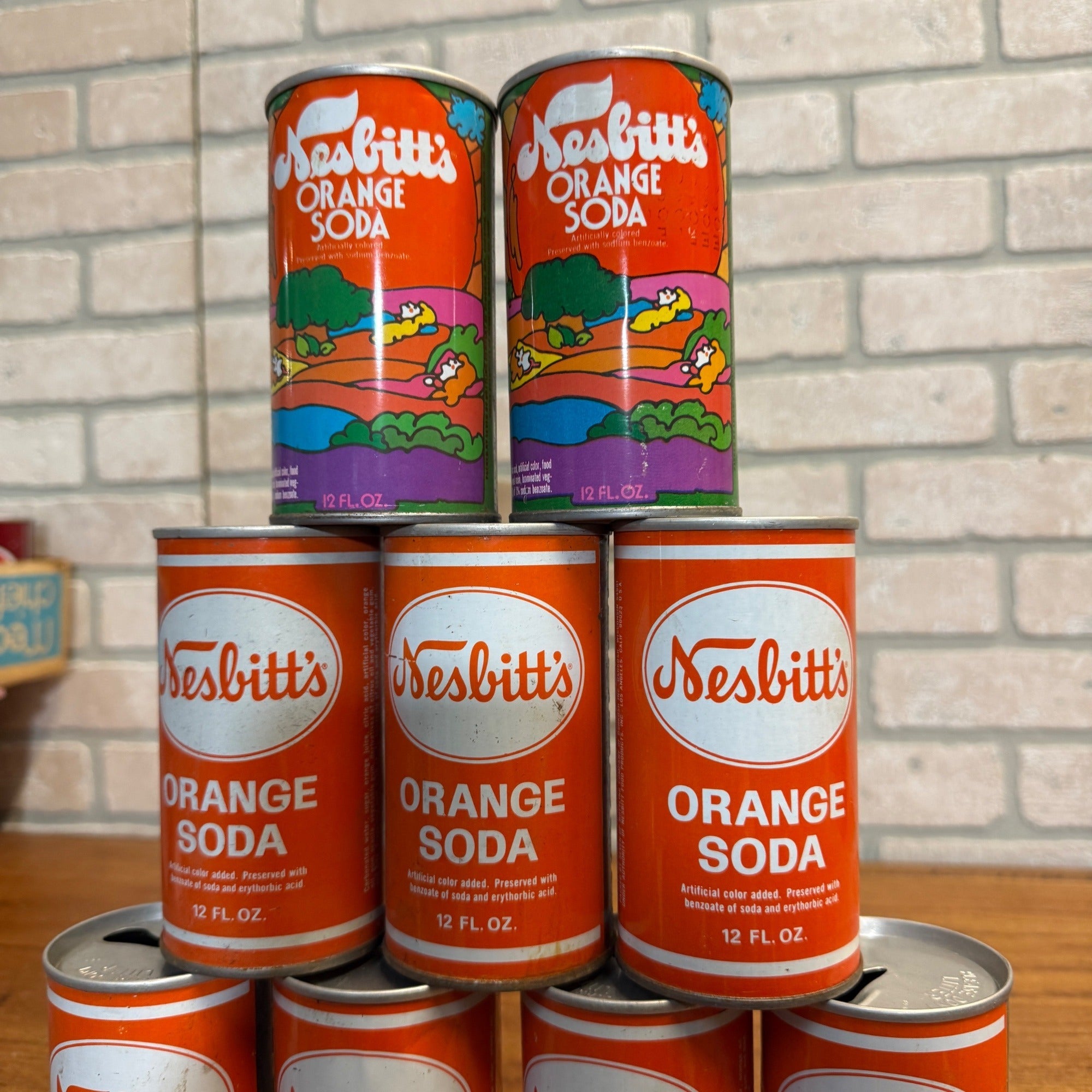 Vintage 1970s Nesbitts Orange Pull Tab Straight Soda Cans Huge Lot (9)