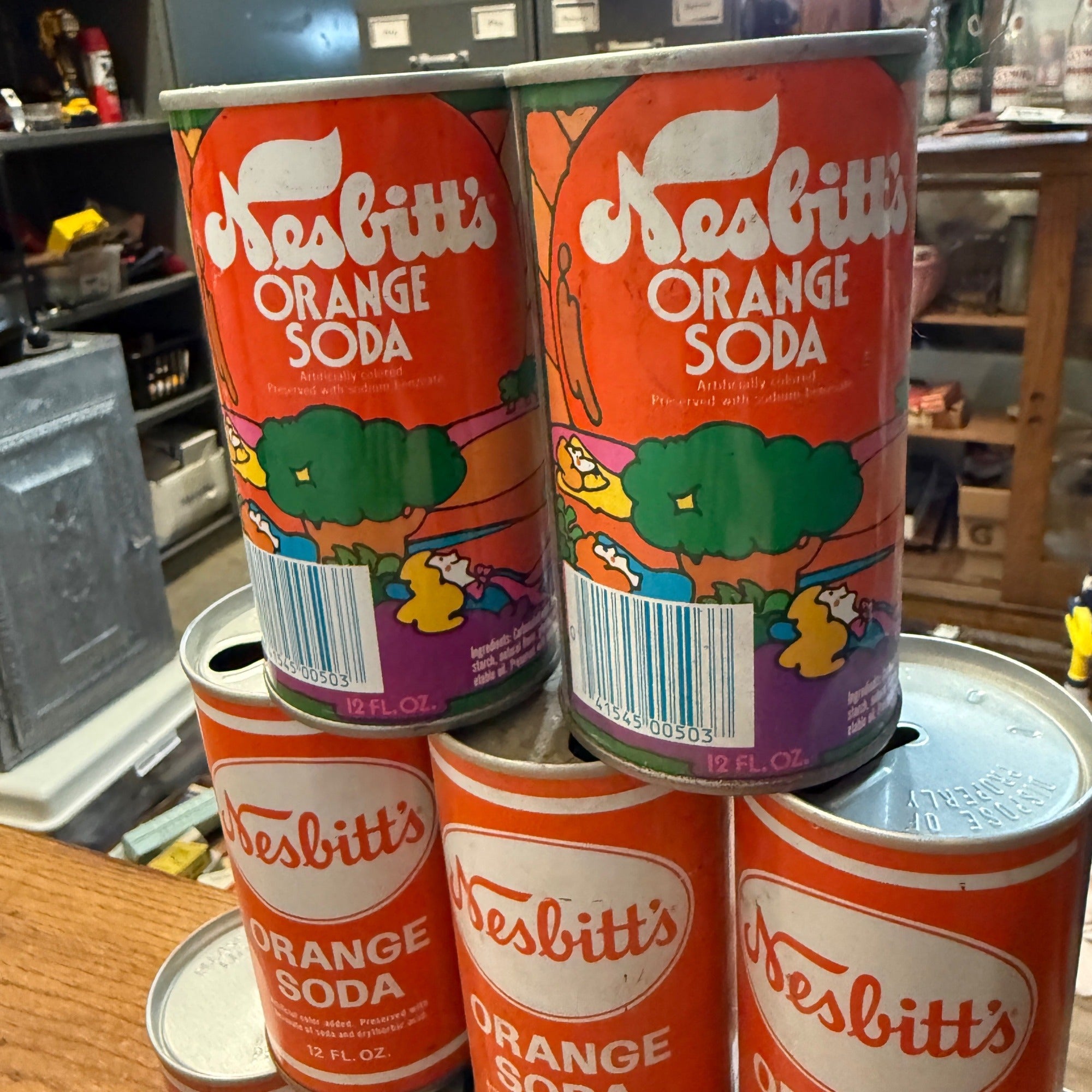 Vintage 1970s Nesbitts Orange Pull Tab Straight Soda Cans Huge Lot (9)
