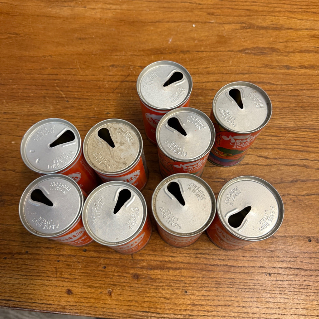 Vintage 1970s Nesbitts Orange Pull Tab Straight Soda Cans Huge Lot (9)