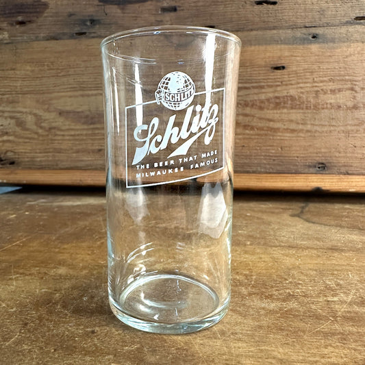 Vintage 1940s Schlitz Beer Bar Glass Shell White Logo 4.5" Tall